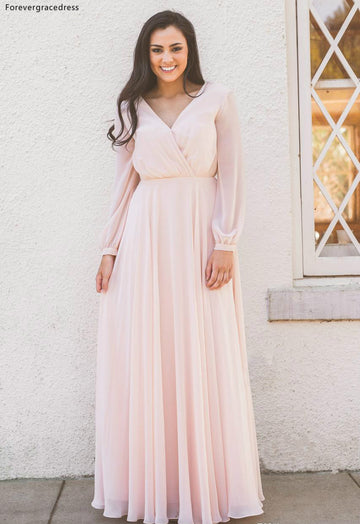 GBD280 Burgundy Long Sleeve Fall V Neck Chiffon BOHO Country Bridesmaid Dress