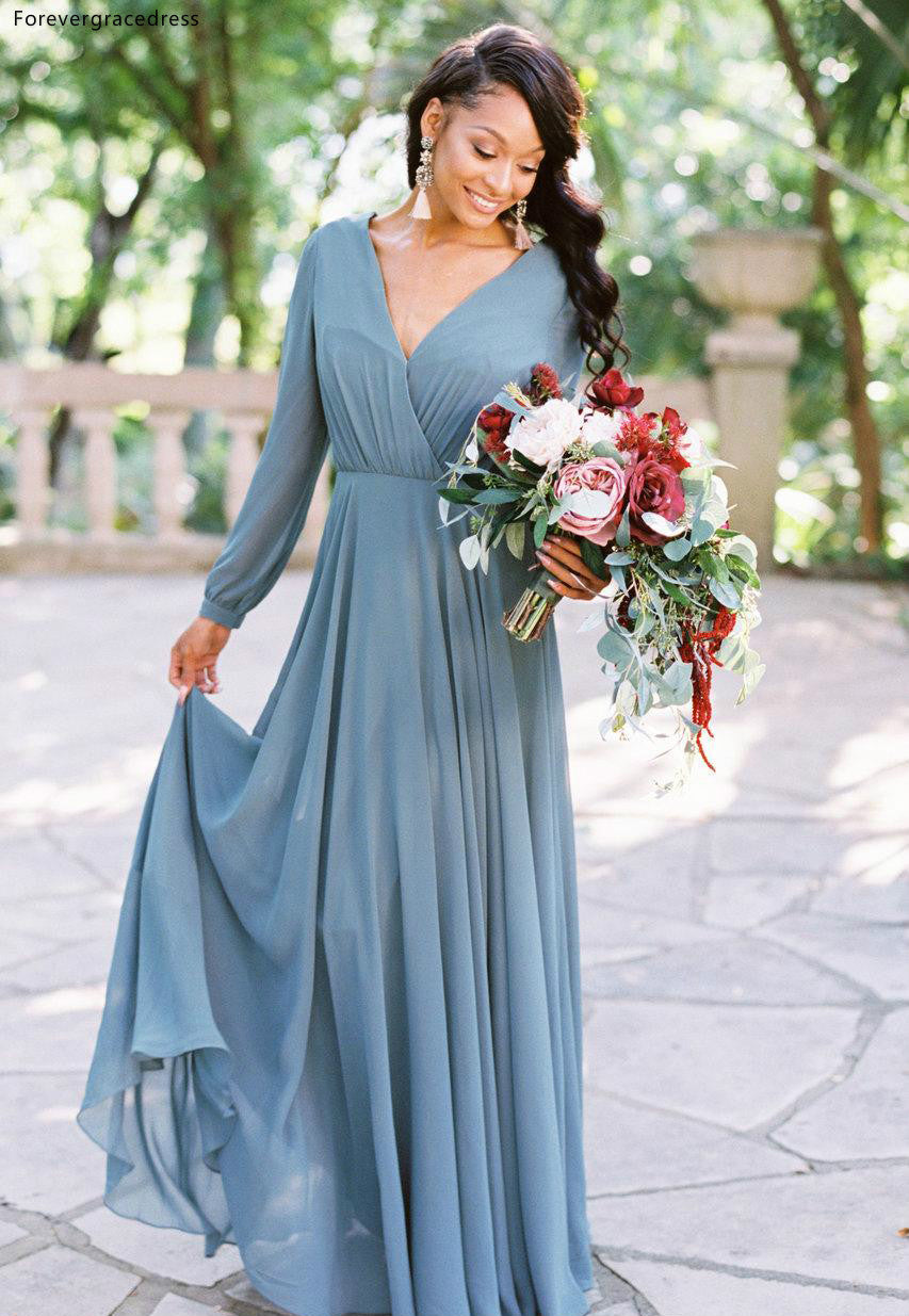 long sleeve boho bridesmaid dresses Chiffon Bishop Sleeves Bridesmaid Dress Bridal and Formal