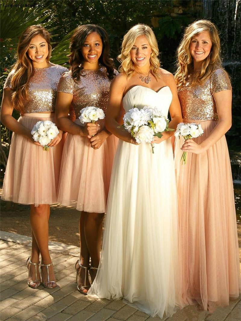 GBD281 Pink Short Sleeve Summer Sequin Two Piece Country Bridesmaid Dress