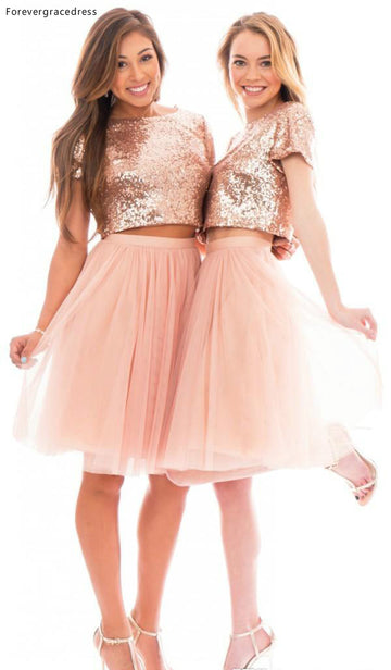 GBD281 Pink Short Sleeve Summer Sequin Two Piece Country Bridesmaid Dress