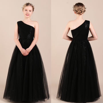 One Shoulder Black Junior Bridesmaid Dress TJFGD083