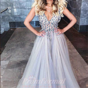 Deep V Neck Silver Sparkly Open Back Slit Prom Evening Dress JTA0031