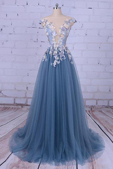 A Line Dusty Blue Train Long Prom Dress JTA0051