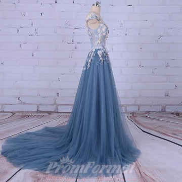 A Line Dusty Blue Train Long Prom Dress JTA0051