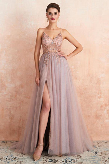 Straps A Line Beading Rose Pink Split Tulle Prom Dress with Crystal JTA0061