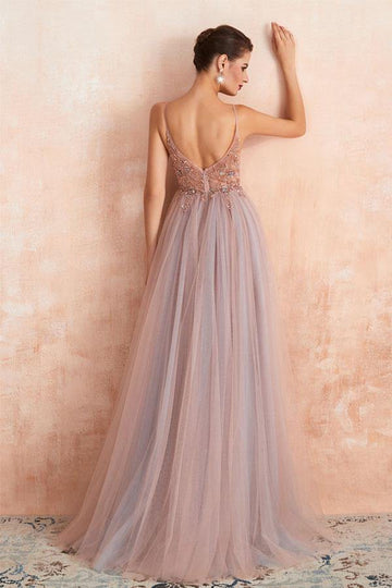 Straps A Line Beading Rose Pink Split Tulle Prom Dress with Crystal JTA0061