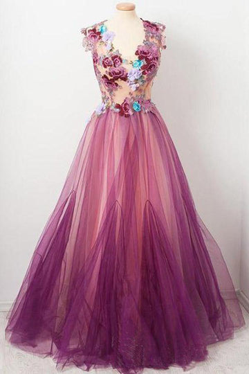 A line Dark Fuchsia Appliqued Tulle Flower Prom Party Dress JTA0071
