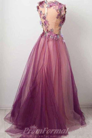 A line Dark Fuchsia Appliqued Tulle Flower Prom Party Dress JTA0071