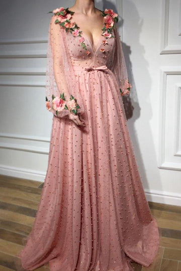 Long Sleeves V Neck 3D Flowers Pink Formal Dress JTA0081
