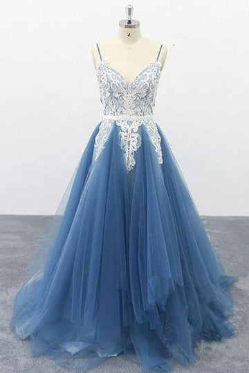 Spaghetti Straps A Line Appliqued Dusty Blue Tulle Prom Dress JTA0091