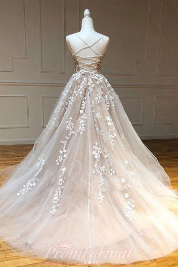 Princess Appliqued Straps Lace Champagne Prom Formal Dress JTA0111