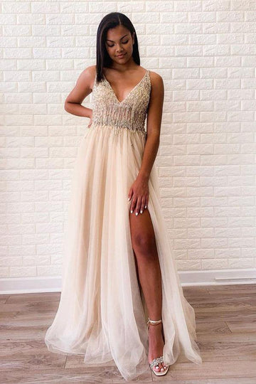 A Line Tulle Sexy V Neck Side-Slit Beaded Evening Dress JTA0121