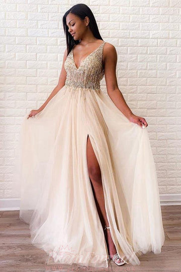 A Line Tulle Sexy V Neck Side-Slit Beaded Evening Dress JTA0121