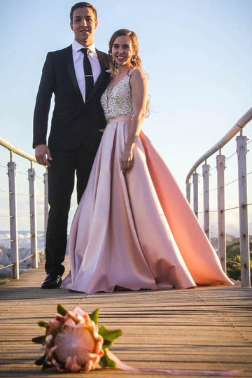 Pink V Neck Beaded Bodice A Line Blush Satin Prom Dress JTA0131