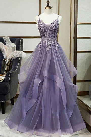 Princess Tulle Spaghetti Straps Dusty Purple Layer Lace Applique Prom Dress JTA0171
