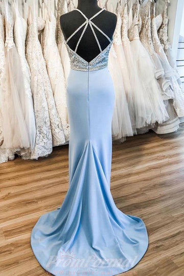 Sky Blue Satin V Neck Beaded Mermaid Prom Formal Dress JTA0191