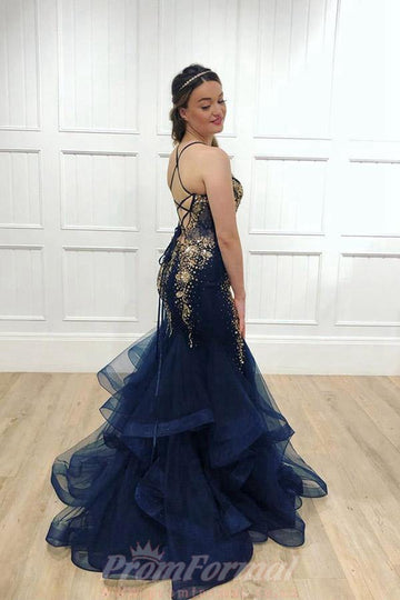 Navy Tulle Gold Beaded Spaghetti Straps Mermaid Prom Dress JTA0231