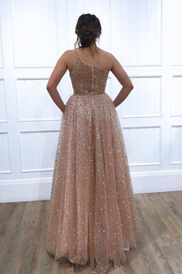 One Shoulder Sparkly Sequin Tulle A Line Prom Evening Dress JTA0241