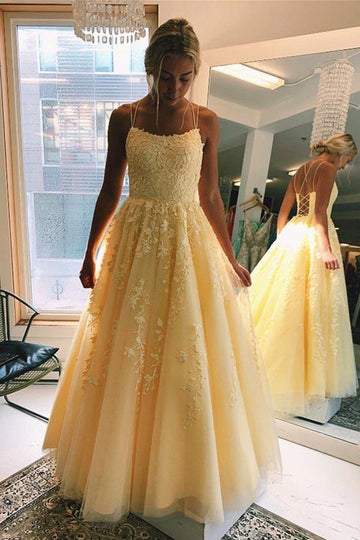 A Line Straps Yellow Tulle Lace Prom Dress Formal Dress JTA0321