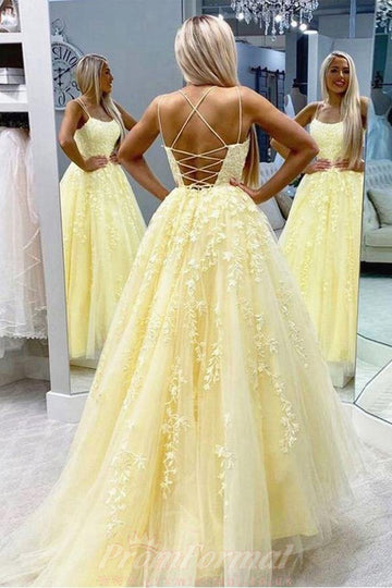 A Line Straps Yellow Tulle Lace Prom Dress Formal Dress JTA0321