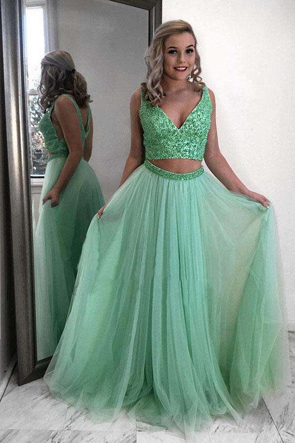 Two Piece Mint Green Chiffon Beading Prom Dress JTA0361