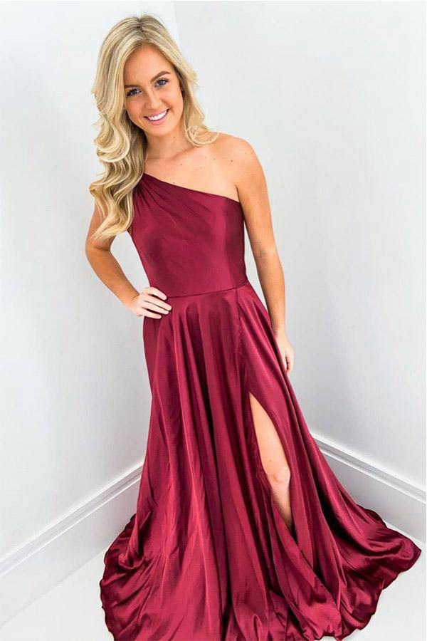 A Line Burgundy One Shoulder Long Prom Dress with Split JTA0371