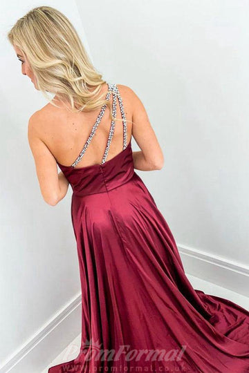 A Line Burgundy One Shoulder Long Prom Dress with Split JTA0371