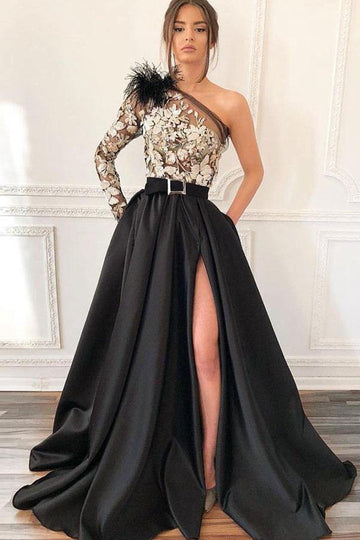 One Shoulder Black Split Prom Dress with Pockets Feathers JTA0391