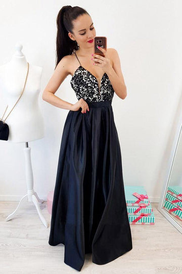 A Line Spaghetti Straps Black Prom Dress JTA0401