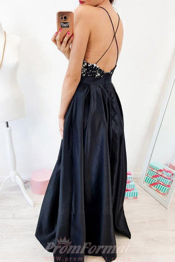 A Line Spaghetti Straps Black Prom Dress JTA0401