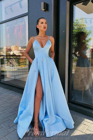 A Line V Neck Light Blue Satin Split Prom Dress JTA0451
