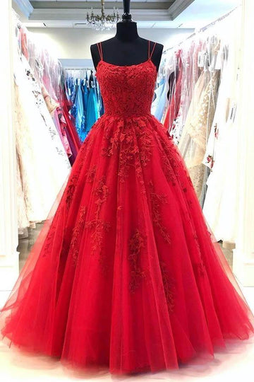 Red Spaghetti Straps Tulle Lace Appliques Prom Dress JTA0481