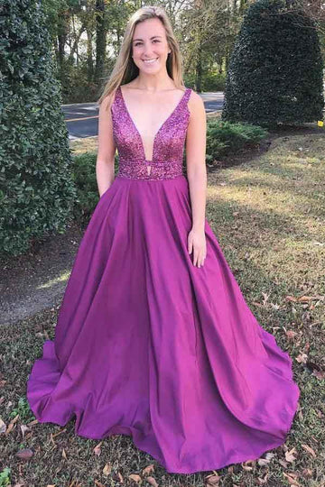 A Line V Neck Fuchsia Prom Dress with Beading Pockets JTA0511