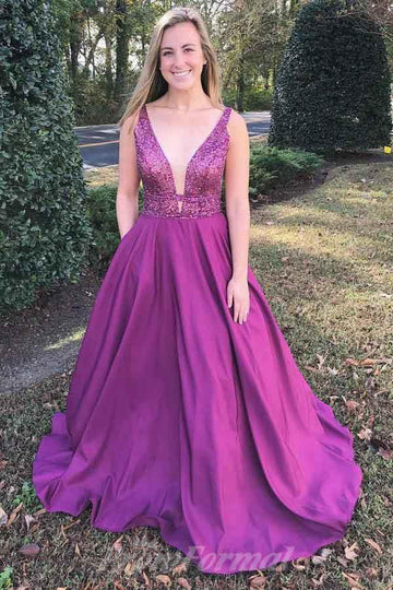 A Line V Neck Fuchsia Prom Dress with Beading Pockets JTA0511