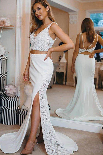 White Mermaid Two Piece V neck Sexy Slit Evening Dress JTA0521