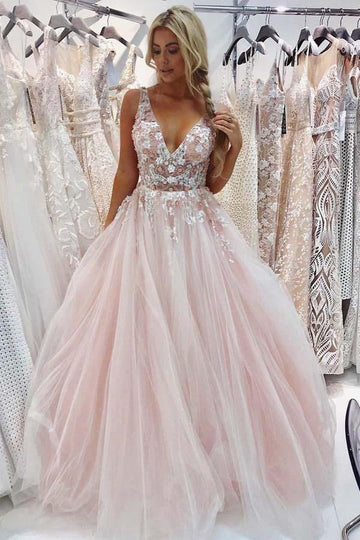 Princess V Neck Pink Prom Dress with Appliques Beading JTA0531