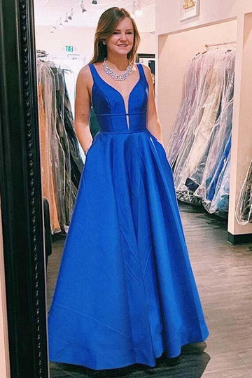 A Line V neck Blue Satin Long Prom Dress with Pockets JTA0551