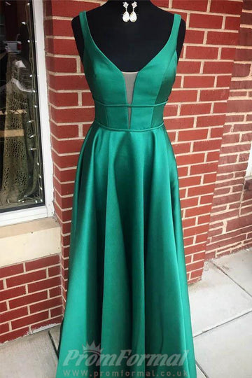 A Line V neck Blue Satin Long Prom Dress with Pockets JTA0551