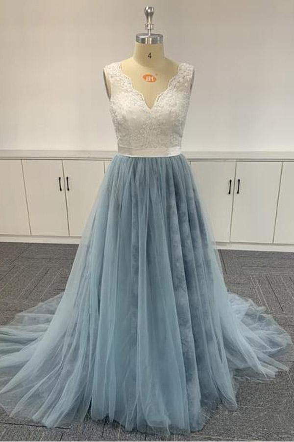 Soft Tulle Embroid Lace V Neck Prom Formal Dress JTA0561