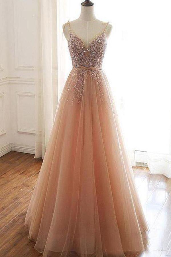 A Line Lace Up Straps Tulle Champagne Prom Dress JTA0591