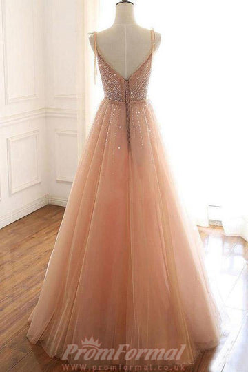 A Line Lace Up Straps Tulle Champagne Prom Dress JTA0591