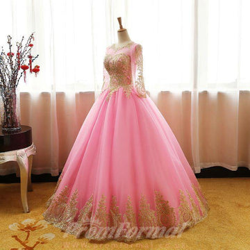 Ball Gown Hot Pink Tulle Applique Long Sleeve Prom Dress JTA0611