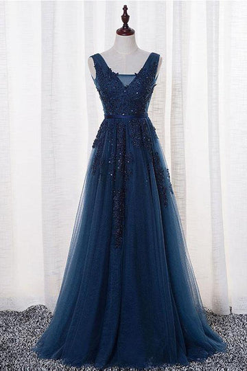 A Line V Neck Dark Blue Tulle Evening Dress With Appliques JTA0691