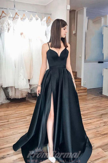 Black Spaghetti Strap Satin Prom Dress JTA0721