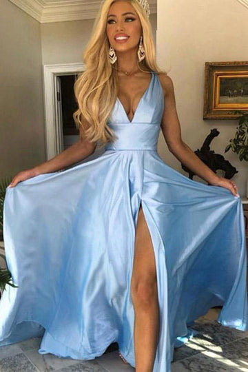 A Line V Neck Open Back Light Blue Prom Dress With Split JTA0781