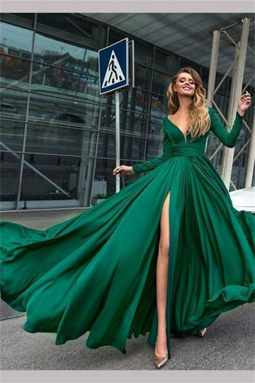 A Line V Neck Long Sleeves Dark Green Prom Dress With Split JTA0821