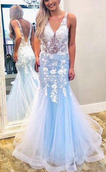Mermaid V Neck Sky Blue Prom Dress with Lace Appliques JTA0841