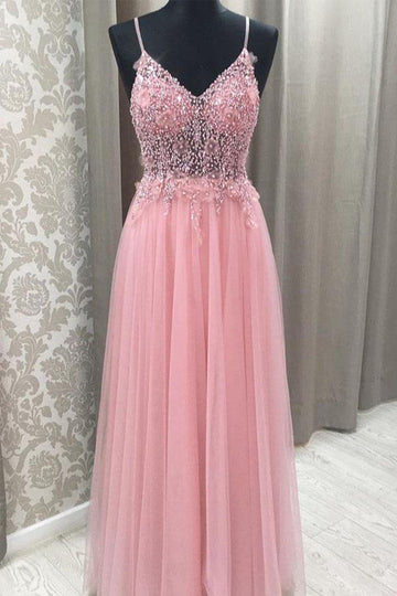 Princess Straps Pink Beaded Tulle Prom Dress JTA0851