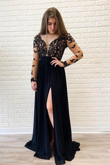 Long Sleeve Black Applqiues A Line Prom Dress JTA0921