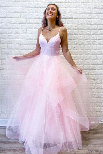 Pink Tulle Ruffles Spaghetti Straps Prom Dress JTA0931